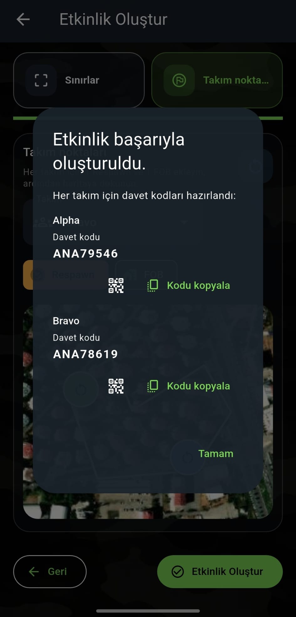 Etkinlik oluşturuldu ekranı